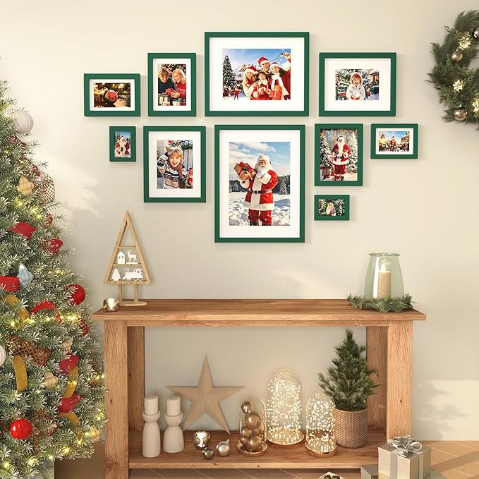 KINLINK 8x10 Picture Frame Green, Solid Wood Frames with Acrylic Plexiglass for Pictures 4x6/5x7 with Mat or 8x10 without Mat, Tabletop and Wall Display Photo Frame, Set of 4