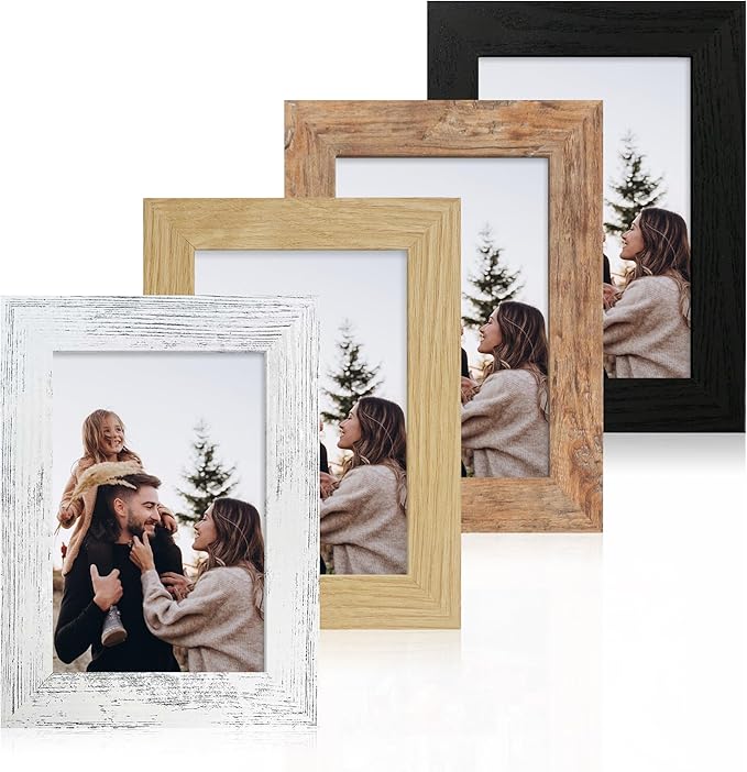 4x6 Picture Frame Set of 4, High Definition Real Glass 4 x 6 Photo Frames for Tabletop Display and Wall Mounting (Distressed White+Oak+Rustic Brown+Black)