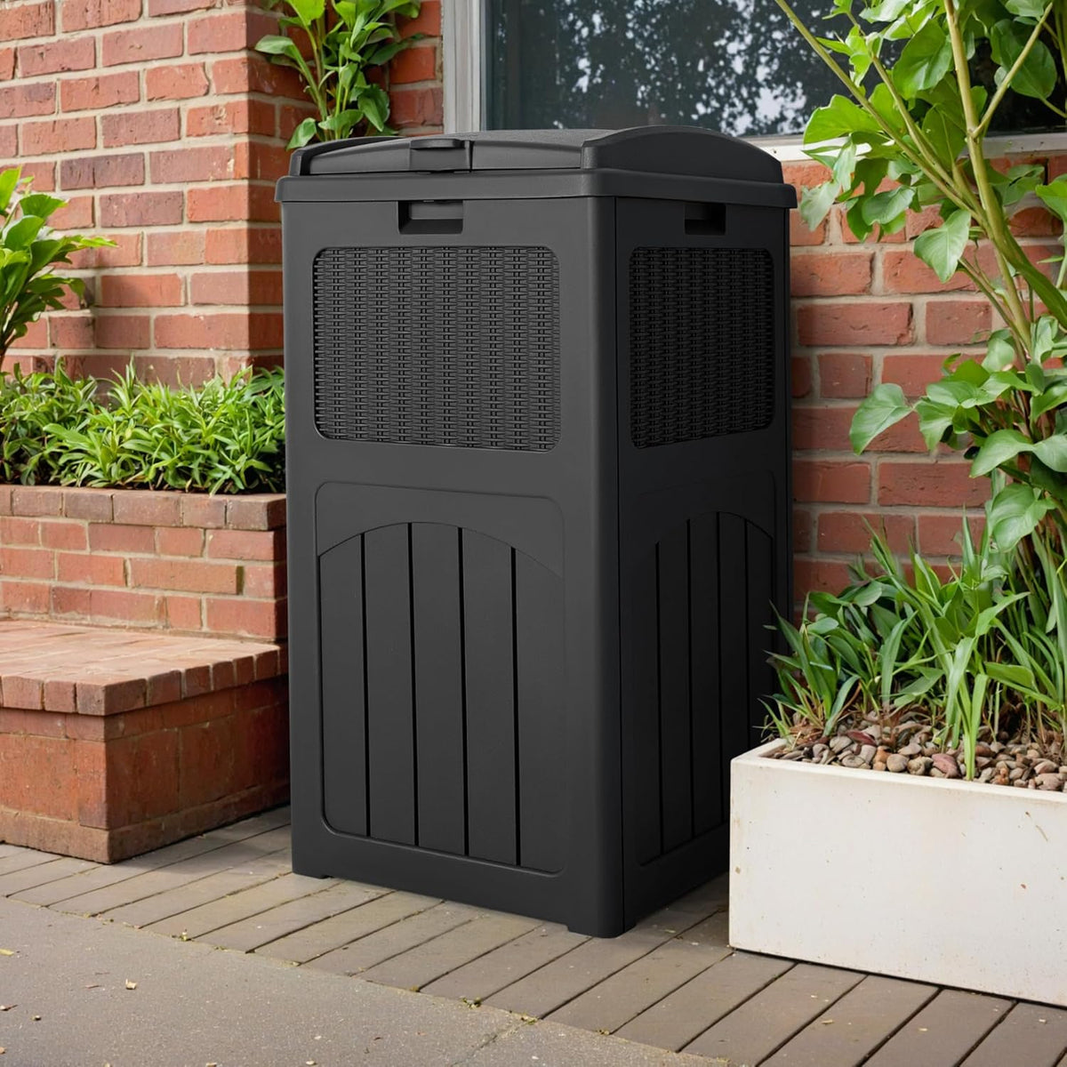Devoko 33 Gallon Outdoor Trash Can, Hideaway Garbage Bins with Tiered Lid, Waterproof Resin Outside Waste Bins for Patio, Outside Pool, Backyard and Deck (1, Gray)