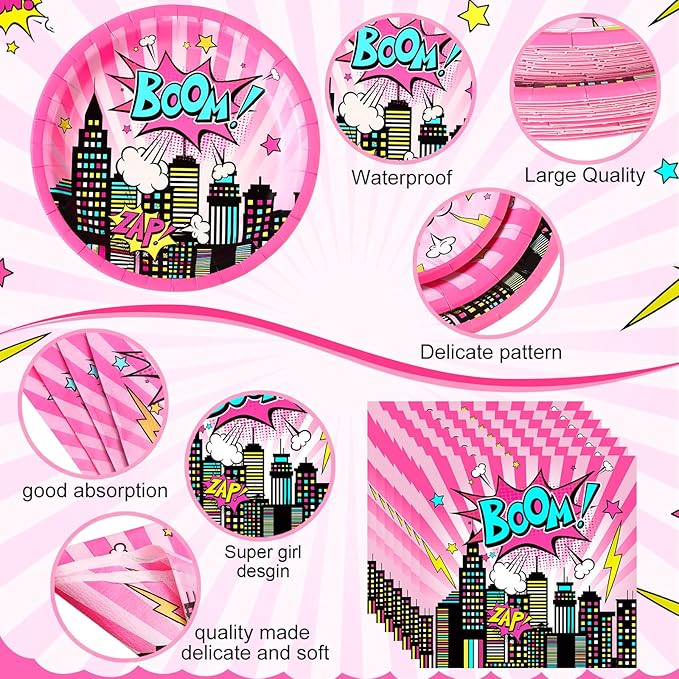 452 Pcs Girl Birthday Decorations for 50 Guests Pink Hero Paper Plates Napkins Cups Tablecloth Cutlery Straws for Pink Hero Girl Birthday Baby Shower Party Supplies