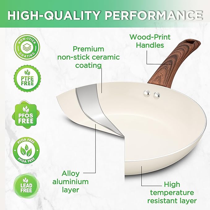23 Pcs Pots and Pans Set Nonstick, Kitchen Cookware Sets, with Frying Pan, Saucepan, Saute Pan, Lightweight Cooking Set with Stay-Cool Wood Print Handles, NO PFAS and PFOA, Dark Wood