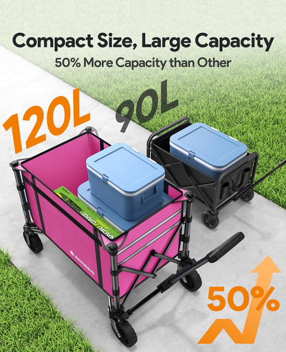 3 in 1 Collapsible Wagon Converts to Bench, 220lbs Foldable Wagon Cart with Wheels, 120L Shopping Cart for Groceries Folding Utility Wagon for Beach, Garden, Camping, Sport, Wheelbarrows, Pink