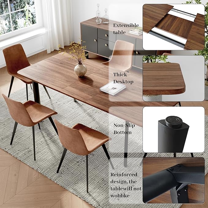 63"- 78.7" Extendable Dining Table Set for 8, Modern Kitchen Table with Dining Chairs for 6-8 Person, Thickened Expandable MDF Wooden Table with Metal Legs for Dining Room, Kitchen, Living Room