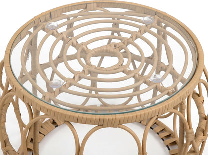 Furniture of America Ysar Boho Rattan Round Coffee Table Outdoor with 5mm Tempered Glass Top, All-Weather and Rust Resistant Patio Furniture