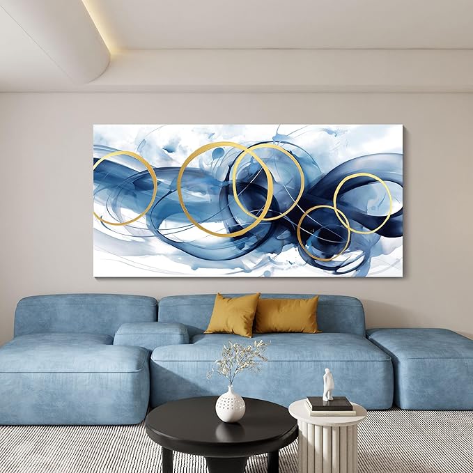 HKDGOKA Abstract Wall Art Living Room - Large Canvas Gold Blue Gradient Canvas Paintings Wall Artwork Modern Office Bedroom Pictures for Kitchen Bathroom Wall Decor 29x58 In