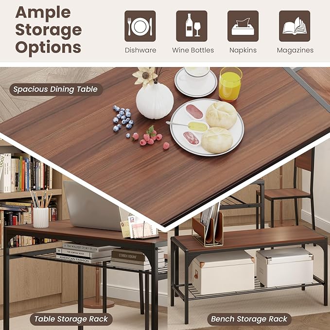 Tangkula Dining Table Set for 4, Kitchen Table and 2 Chairs for 4 with Bench, Additonal Storage Rack, 4 Piece Dining Table Set for Small Space, Apartment