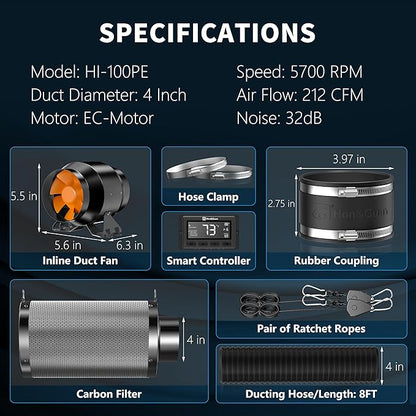 Hon&Guan 4 Inch 212 CFM Air Filtration PRO Kit for Grow Tent Ventilation System, 4" Inline Duct Fan with EC Motor, Smart Temperature Humidity Controller, 4" Carbon Filter & 8 Ft Ducting