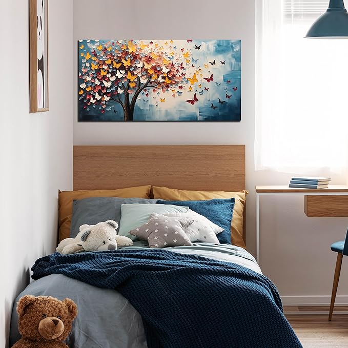 Butterfly Tree Canvas Wall Art for Living Room Bedroom Home Office Blue Colorful Tree of Life Wall Art Modern Large Framed Canvas Prints Size 20x40