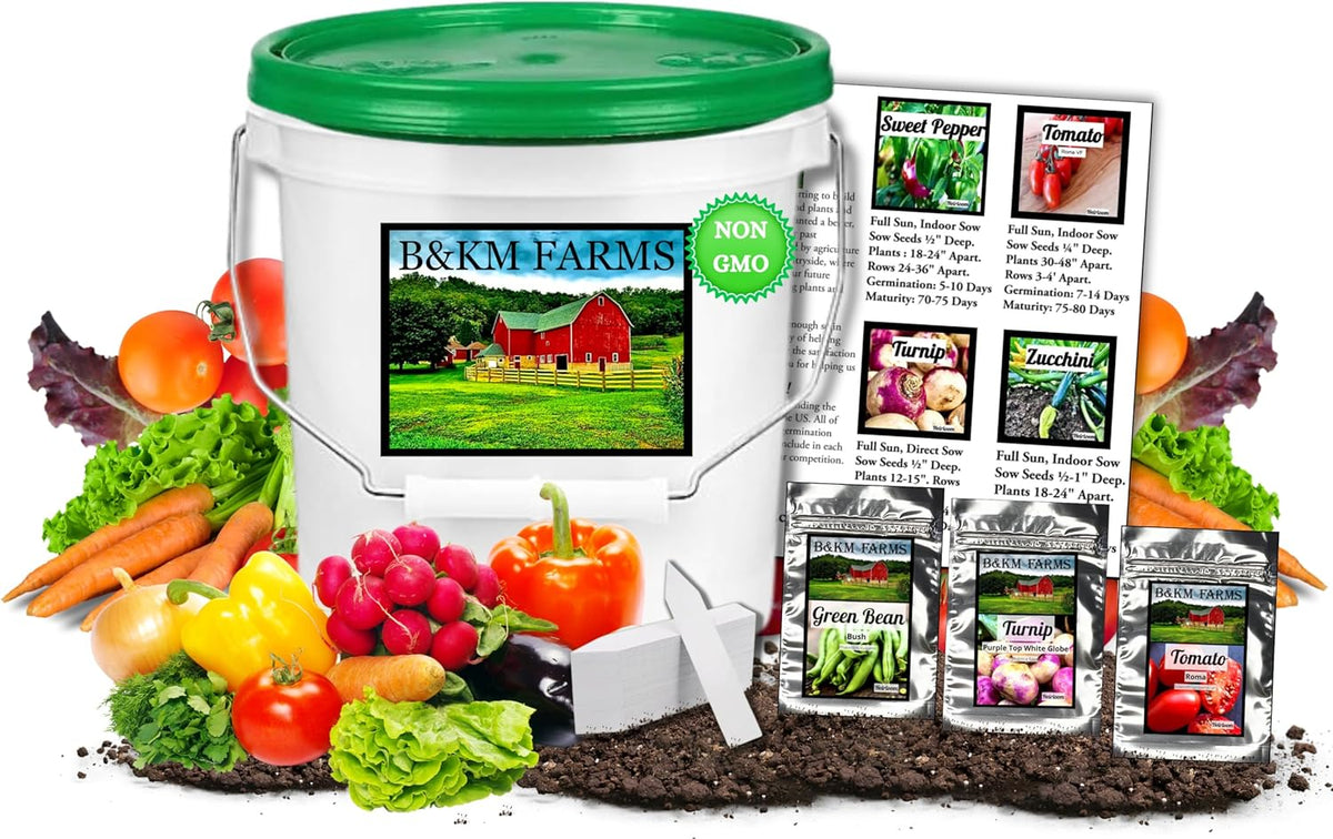 B&KM Farms 20,000+ Survival Seed Kit 5+ Year Supply. 30 Fruit & Vegetable Non-GMO Heirloom Seeds for Planting a Home Garden. Secure Emergency Weather-Proof Bucket
