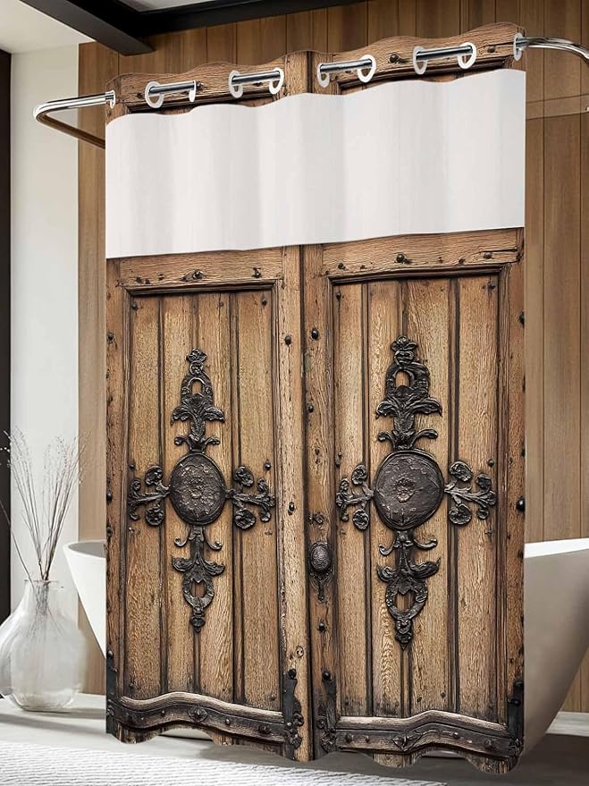 Wood Barn Door No Hook Shower Curtain with Snap in Liner Set, Waterproof Shower Curtains for Bathroom, Wooden Plank Fabric Shower Curtain, See Through Mesh Top Window, 72" W x 96" L