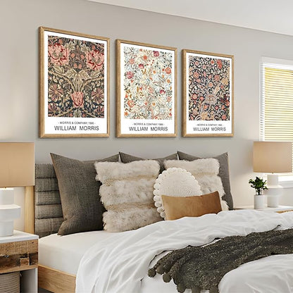 Cyebmo Wood Framed William Morris Wall Art Set of 3, Rustic Farmhouse Floral Wall Decor, Retro Flower Plants Aesthetic Picture, Vintage Botanical Art Prints for Living Room Bedroom Bathroom 12"x16"x3