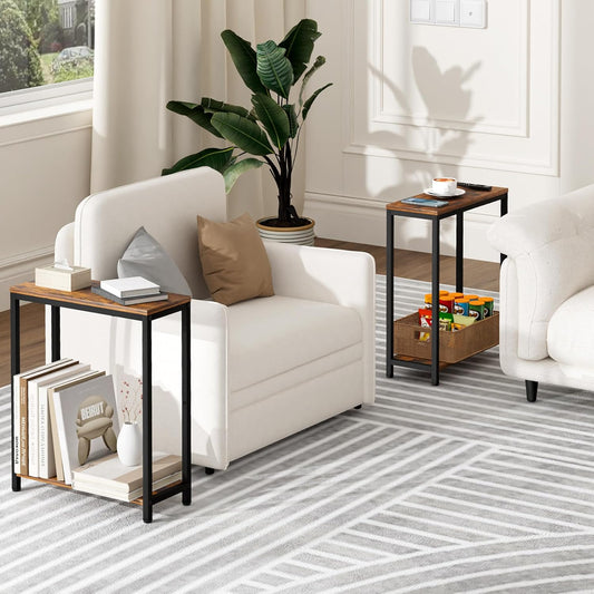 SLEEPING LAMB Narrow End Tables Living Room Set of 2 Small Side Table for Small Space, 2 Tier Slim Skinny Night Stand for Bedroom, Couch Beside Nightstands, Rustic Brown and Classic Black