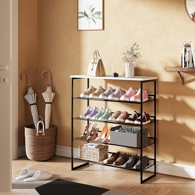 Garden 4 you 5 Tiers Shoe Rack,Multi-Purpose Adjustable Flat and Slant White Marble Freestanding Organizer Storage Rack Shoe Shelf, High Heels Potted Plant for Entryway Hallway Living Room Closet