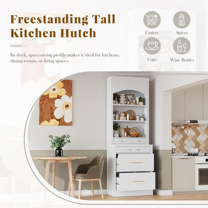 83.7" Tall Kitchen Pantry Cabinet, Freestanding Kitchen Hutch with Faux Marble Top, Pantry Storage Cabinet with 5 Drawers & Adjustable Shelf, Modern Farmhouse Cupboard for Dining Room, White