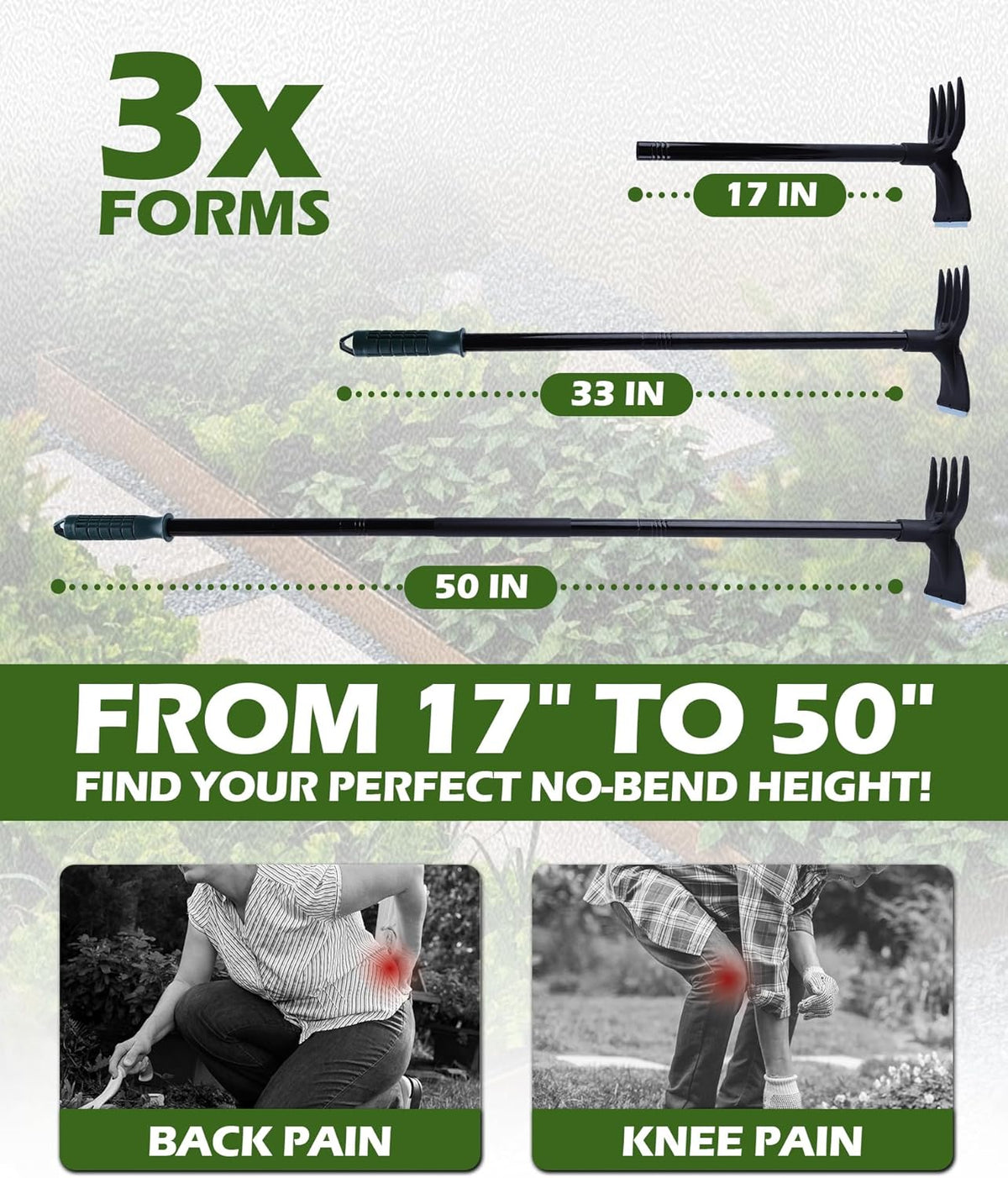 5-in-1 Garden Hoe - Adjustable 37" to 50" Handle, 5 Tool Heads, Heavy-Duty Weeding, Cultivating, and Raking Tool for Gardening, Camping, and Outdoor Use