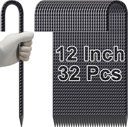 VVOKGO Rebar Stakes 12 Inches J Hook Heavy Duty Chain Link Fence Stakes, 32 Pcs Metal Long Tent Spikes Ground Anchors for Wire Fencing, Dogs Digging, Camping Tents, Swings, Greenhouse, Black