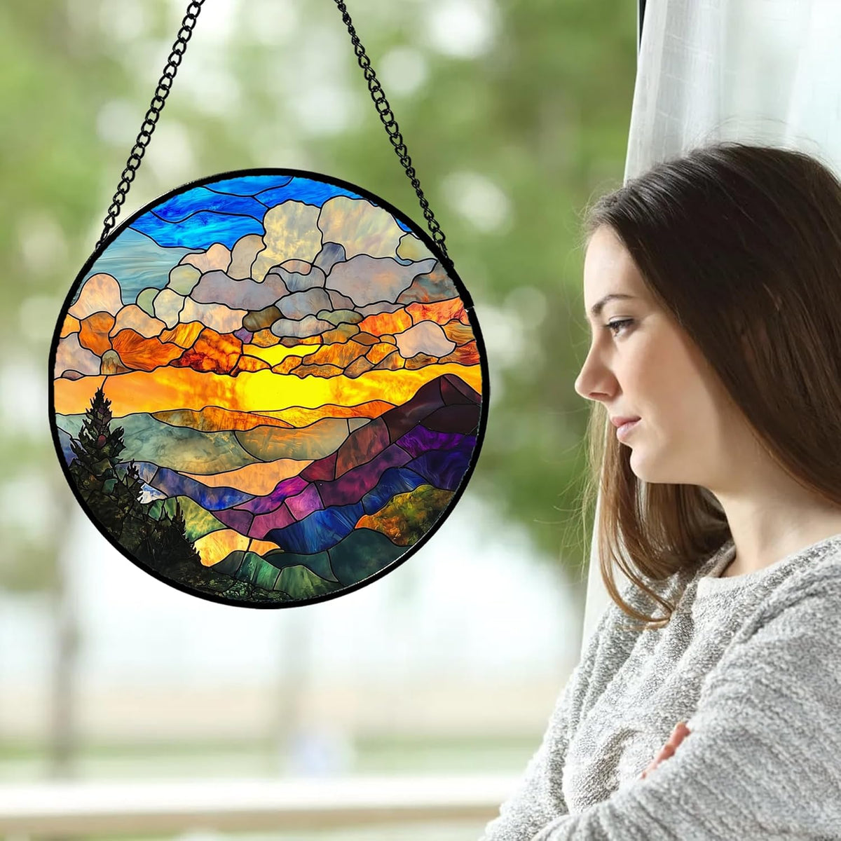 Stained Glass Window Hanging, Abstract Clouds Mountains Landscape Suncatcher for Doors Window Home Sun Catchers Decor Mother's Day Birthday Gifts for Women, Men Mom 11.8 in
