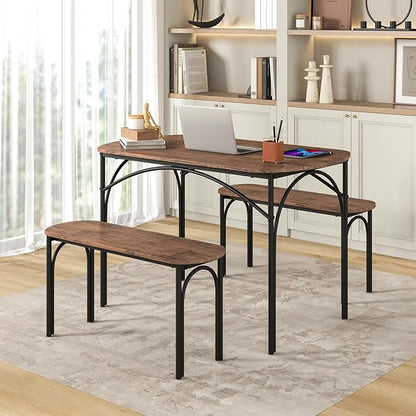 GOFLAME 3-Piece Dining Table Set for 4, Wooden Kitchen Table and 2 Benches Set with Metal Frame, Space-Saving Dinette Set for Living Room, Dining Room, Breakfast Nook, Small Space