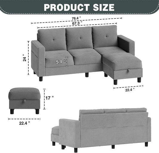 SUNLEI Convertible Sectional Sofa for Small Spaces, L Shaped Modular Sofa with Reversible Chaise & Ottoman Storage, 3 Seat Modern Small Couches for Living Room in Apartment, Linen Fabric, Greige