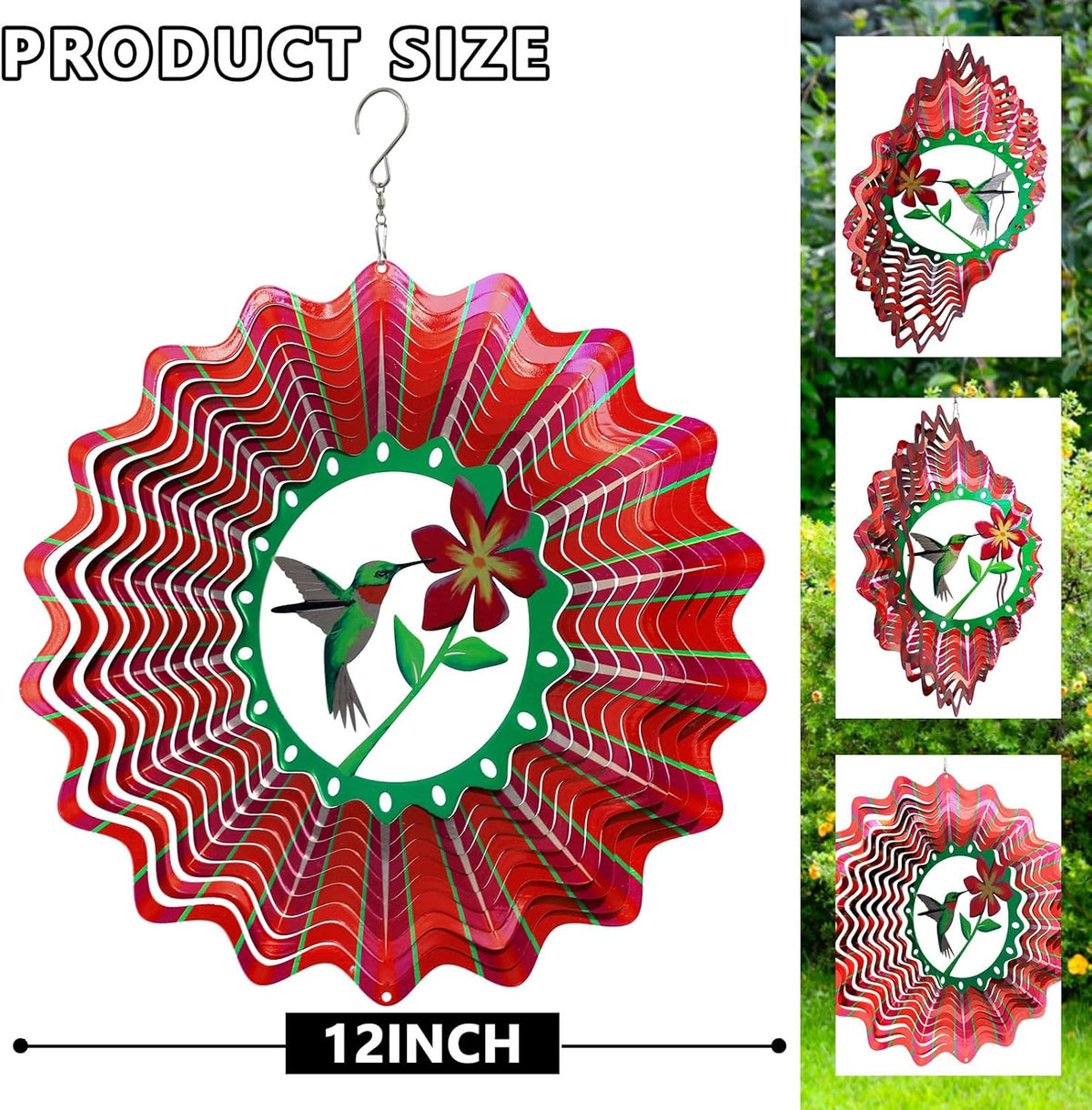 Goolyrusim Ruby-Throated Bird Wind Spinner, Hummingbird Wind Spinner for Yard and Garden, Hanging Wind Sculptures 3D Wind Catcher, Kinetic Metal Art Decorations Indoor/Outdoor Décor Ornament Gifts