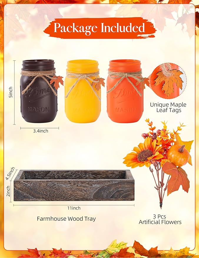 Mason Jar Fall Thanksgiving Centerpieces for Tables Fall Thanksgiving Table Decor, Flower, Wood Tray, Pumpkin Centerpieces Table Decorations for Home Indoor, 25 Pcs Autumn Kitchen Decor
