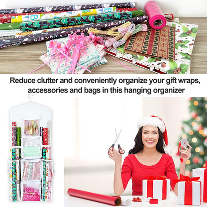 SumDirect Double-Sided Gift Wrap Organizer - White Hanging Wrapping Paper Gift Bag Storage Holder Pockets