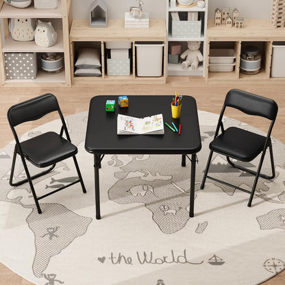 IDEALHOUSE Boys and Girls Folding Table and Chairs Set of 3, Portable Table and Chair with Pu Soft Cushion,Suitable for Eating,Reading and Playing (Black)