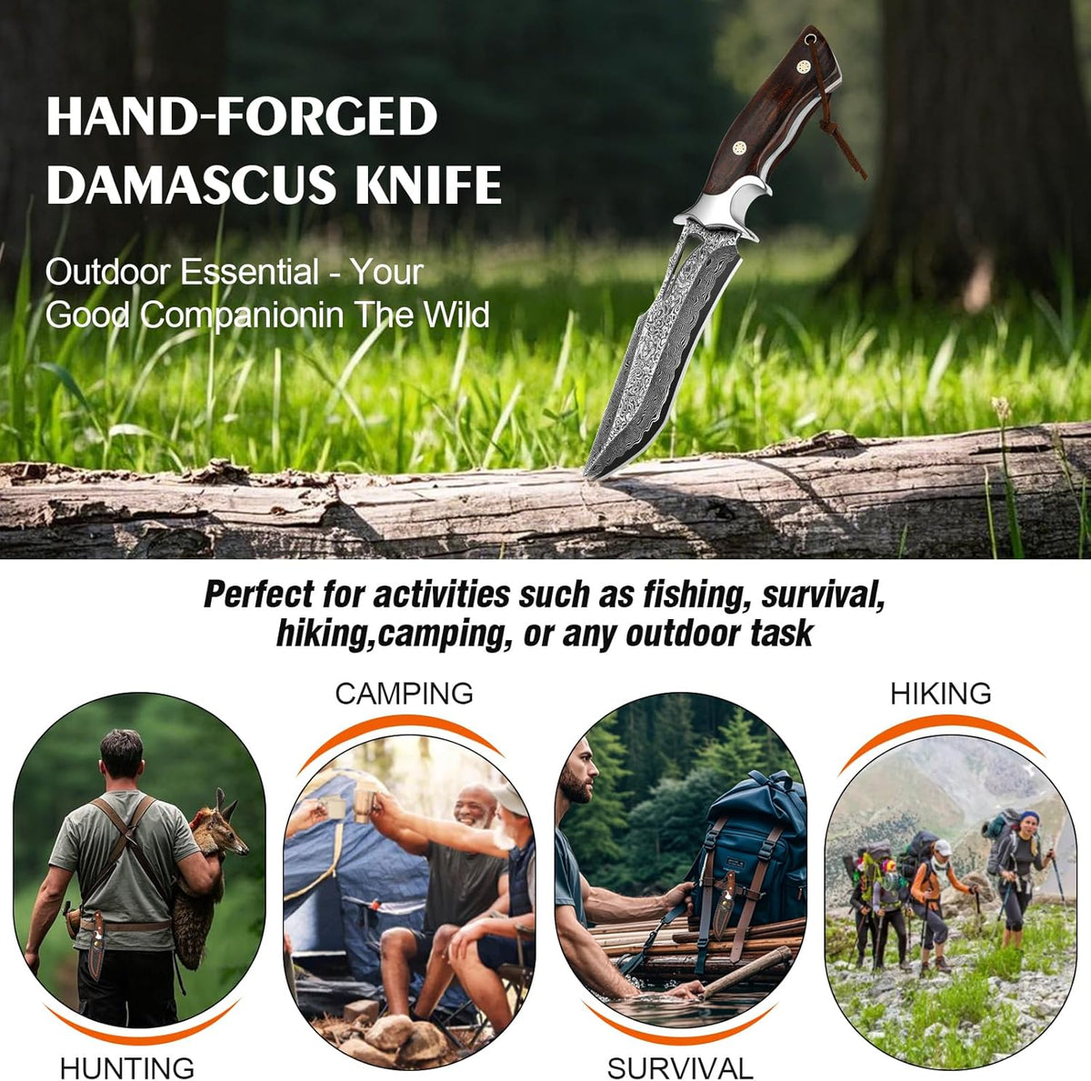Handmade Damascus Hunting Knife,10.4"Fixed Blade Bowie Knife with Leather Sheath,Real Damascus Steel Knives with VG10 Core &Wood Handle,EDC Full Tang Knives for men women, Adventure,Survival,Hiking,Camping