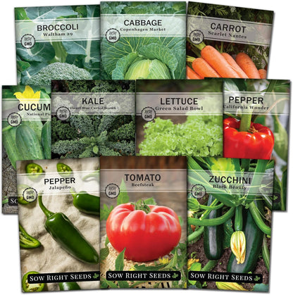 Sow Right Seeds - Classic Vegetable Garden Seed Collection for Planting - Non-GMO Heirloom Broccoli, Cabbage, Carrot, Cucumber, Kale, Lettuce, Tomato, Peppers, Zucchini, and More