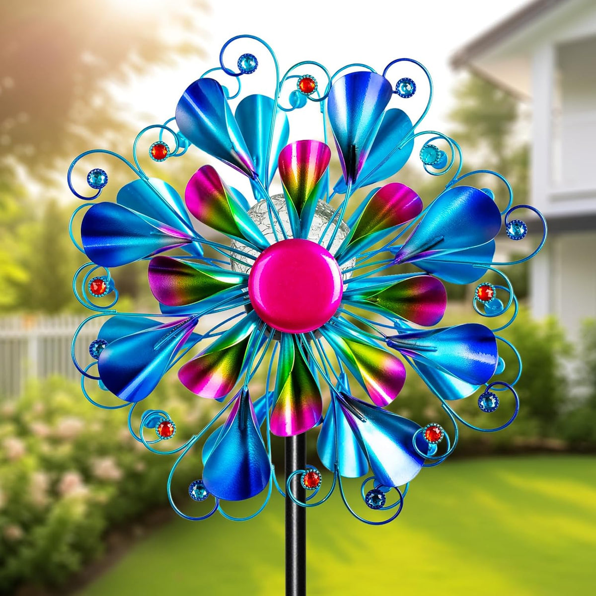 60'' Wind Spinner with Color Glass Ball Solar Lights, Blue Peacock Feathers Metal Garden Outdoor Decor Yard Lawn Art Decor for Patio Kinetic Windmills Unique Gifts for Friends and Family