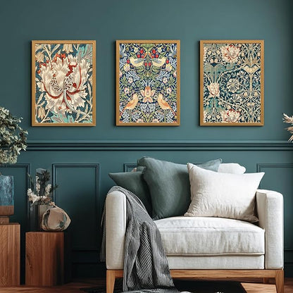 FASWQ Wood Framed William Morris Wall Art, Nouveau Vintage Botanical Wall Decor, Retro Intricate Floral Animal Canvas Painting, Retro Natural Flower Bird Poster Print for Living Room Bedroom 12"x16"x3