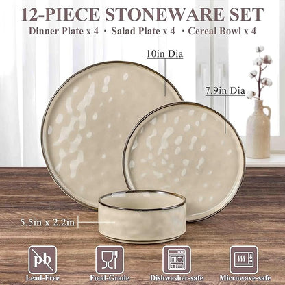 Herogo Dinnerware Dishes Sets for 4, 12 Pieces Ceramic Plates and Bowls Sets, Kitchen Dinning Dishes, Dishwasher & Microwave Safe, Cream Khaki
