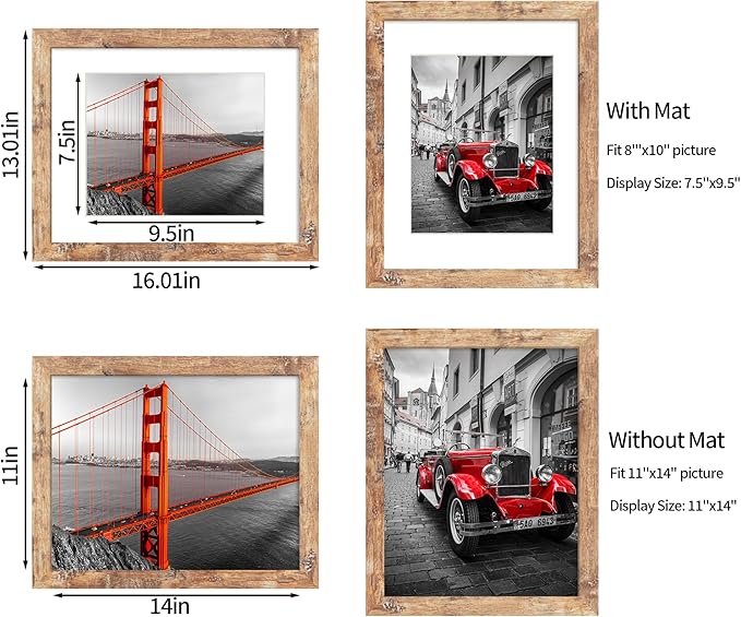11x14 Picture Frame Set of 4, High Definition Tempered Glass 11 x 14 Frames Display 8x10 Pictures with Mat, Mixed Color Wood Photo Frame Wall Mounting