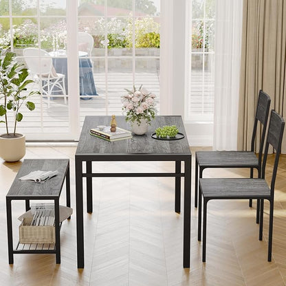 JUMMICO 43.3" Dining Table Set for 4, Kitchen Table with Bench & 2 Chairs Modern Rectangular Metal Frame Dining Furniture Set for Small Space (Grey)