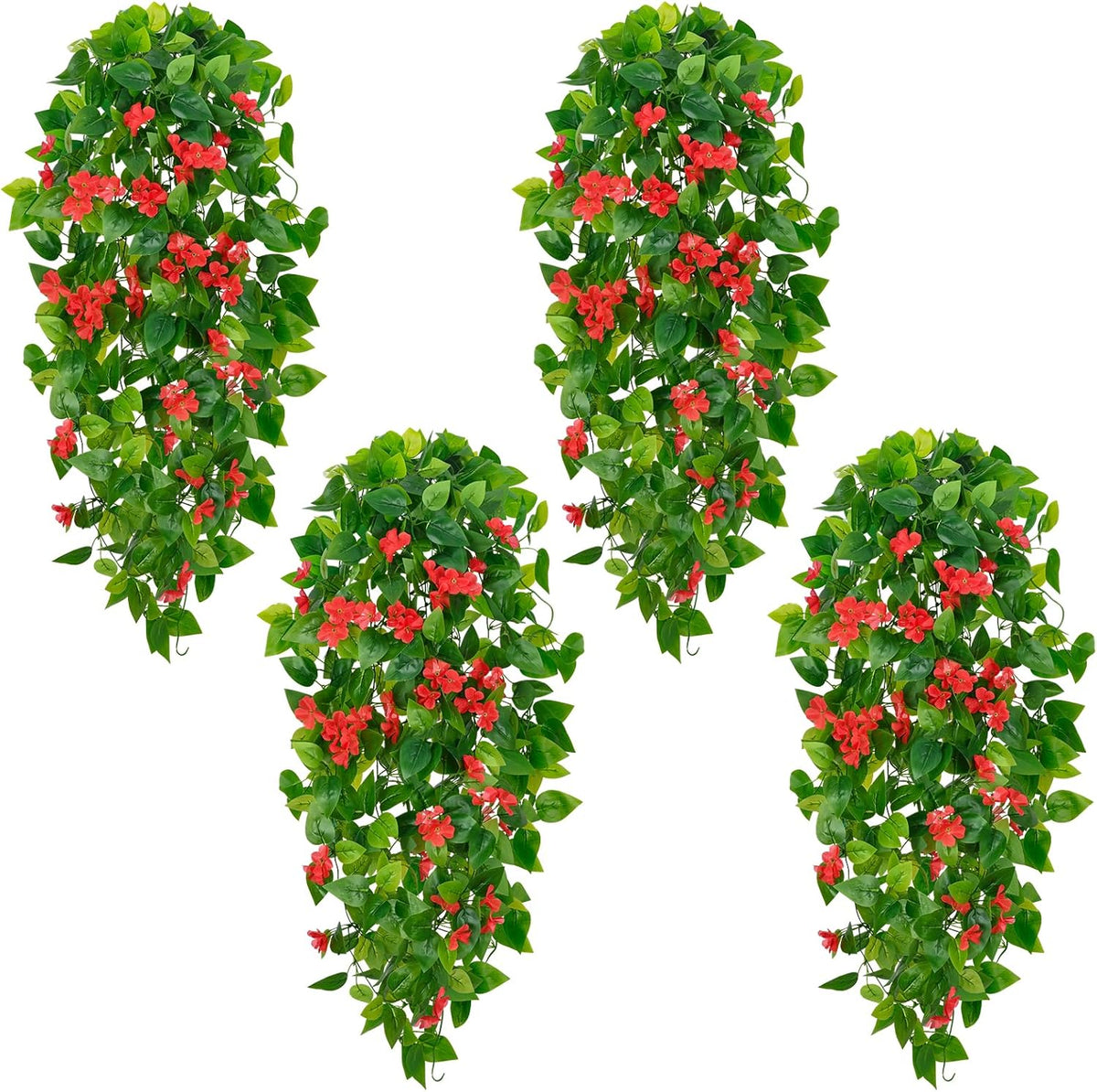 BLEUM CADE Artificial Hanging Flowers for Outdoors, 4pcs Fake Hanging Plants Pothos Vines with Red Flowers for Wall Home Living Room Indoor Outdoor Decor (No Baskets)