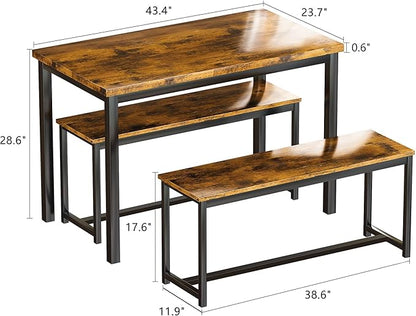 AWQM Dining Room Table Set, Kitchen Table Set with 2 Benches, Ideal for Home, Kitchen and Dining Room, Breakfast Table of 43.3x23.6x28.5 inches, Benches of 38.5x11.8x17.5 inches, Rustic Brown