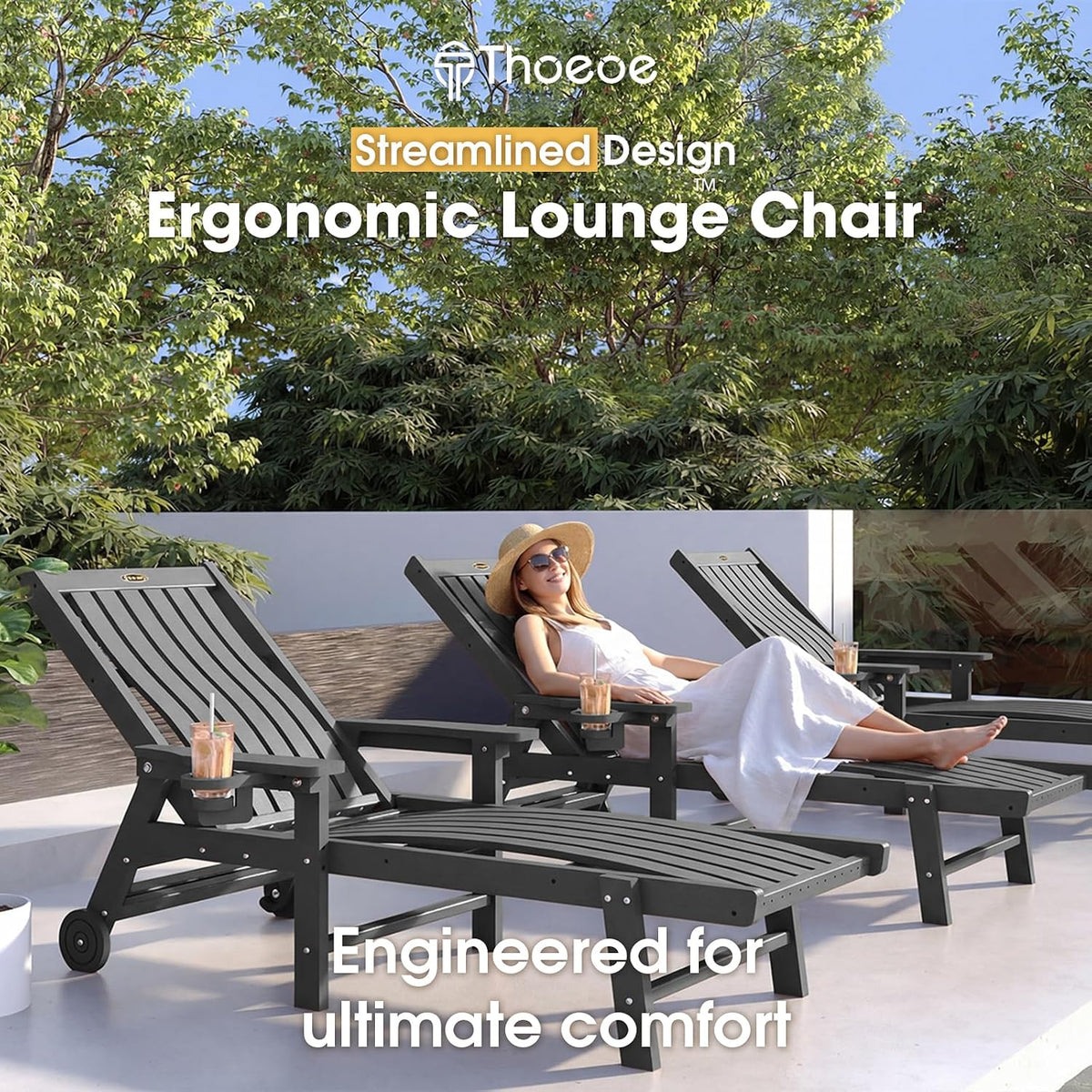 THOEOE Patio Chaise Lounge Chair,HDPE Lounge Chair Outdoor with Wheels | Oversized pool lounge chairs with cup holder, 5 adjustable position for patio,outside,pool,deck