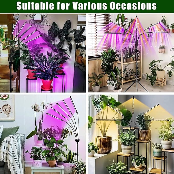 Grow Lights for Indoor Plants,5 Heads Red Blue White Full Spectrum Plant Light with 15-60" Adjustable Tripod Stand, Indoor Grow Lamp with Remote Control and Auto On/Off Timer Function