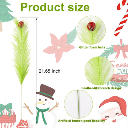 20Pcs 21.7'' Lime Green Christmas Tree Topper with Red Balls | Grinch Christmas Decorations, Artificial Pampas Grass Stems, For Wreath Craft Vase Fillers, Xmas Home Decoration Supplies