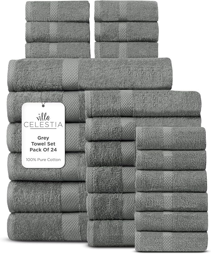 100% Cotton Bath Towel Set of 24-6 Bath Towels, 6 Hand Towels, 12 Wash Cloths, Sustainable, Soft, Highly Absorbent, Combed Cotton 24 Piece Set for Hotels, Spa, Bathroom, Dorm, Grey