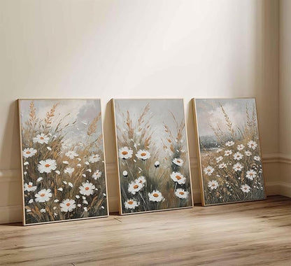 3 Pcs Vintage Wildflowers Field Canvas Wall art Farmhouse Rustic Wildflower Nature Landscape Painting Pictures Wall Decor Posters Print Artwork for Living Room Bathroom Home Decoration Unframed