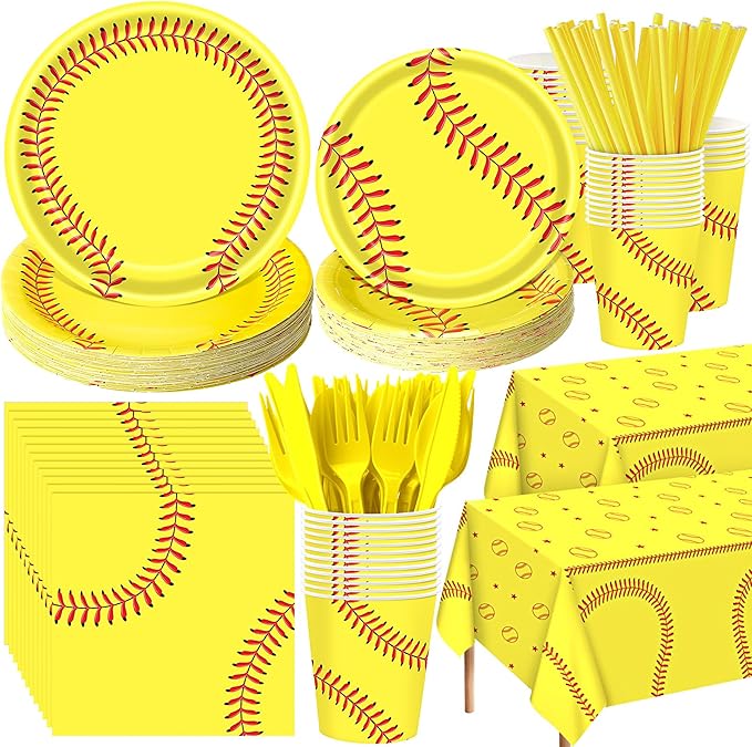 452 Pcs Softball Birthday Party Decorations for 50 Guests, Softball Paper Plates Napkins Cups Tablecloth Cutlery Straws Disposable Tableware Set for Women Men Sports Theme Party Supplies
