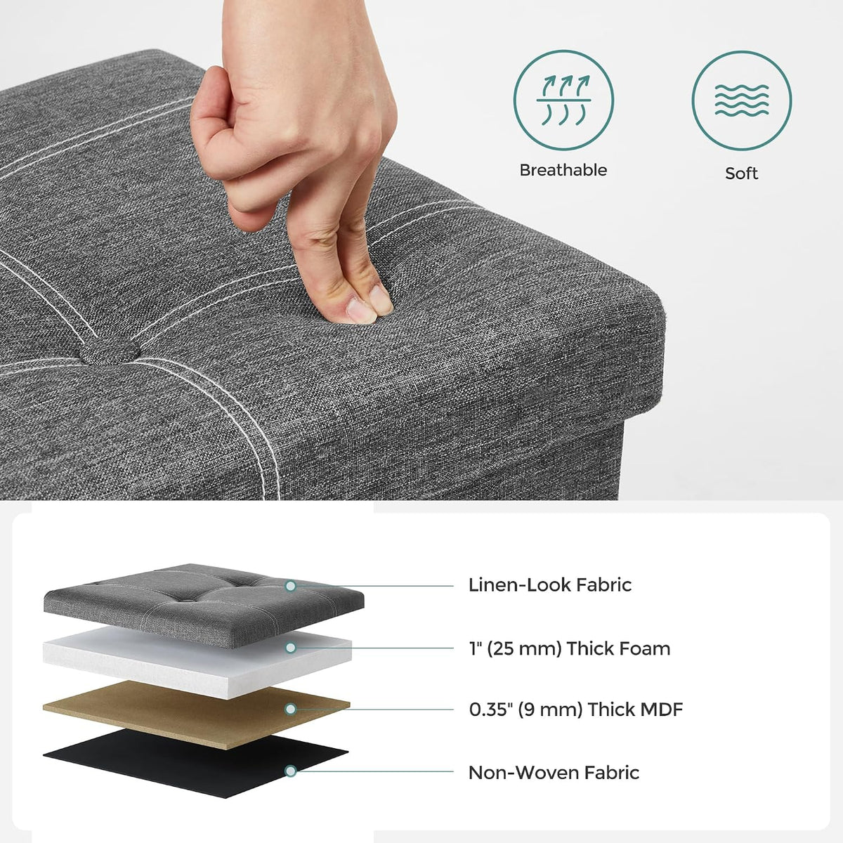 SONGMICS Mazie Collection - 43 Inches Ottoman Storage Bench, 35 Gal. Folding Chest with Breathable Linen-Look Fabric, Load up to 660 lb, for Entryway, Living Room, Bedroom, Dark Gray ULSF077G04