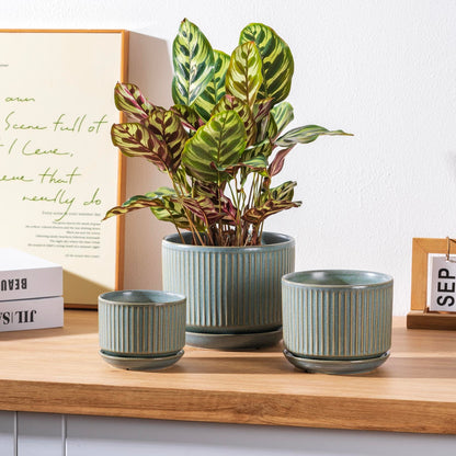 SURE YUESI Ceramic Plant Pots Set of 3, Indoor Outdoor Planters with Drainage Hole and Saucer, Ceramic Flower Pots for Indoor Plants, 4.3+5.5+6.8 Inch, Home, Garden, Patio and Office, Matte Green