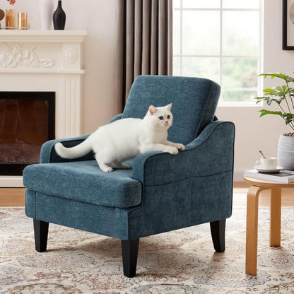 Accent Chair for Living Room,Mid-Century Arm Chair Fabric Living Room Chairs,Upholstered Reading Chair for Bedroom,Single Sofa Chair with Wood Legs for Apartment (1, Chenille Blue)