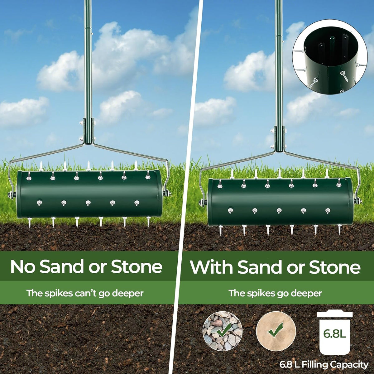 S AFSTAR 21" Manual Lawn Aerator, Heavy Duty Rolling Aerator Lawn Tool Filled Sand Stone with 51" Detachable Handle & Tine Spikes for Soil Loosening, Push Grass Aeration for Garden Yard