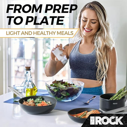 THE ROCK Single Serve Nonstick Pots and Pans Set, 4pc Portion Control Cookware Set with Rock.Tec, Scratch/Stain/Crack Proof, Oven & Dishwasher Safe, Perfect for Dorm, Camping & Small Kitchens, Black