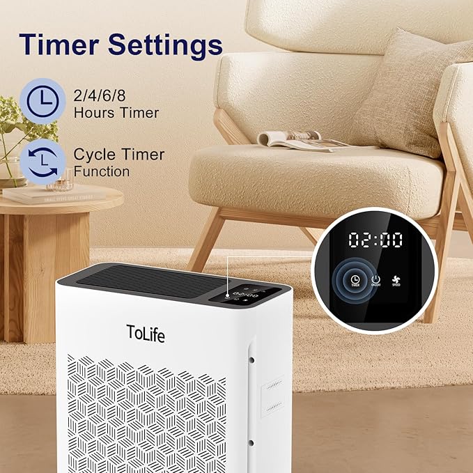 Tolife Air Purifier Large Room, Air Purifiers for Home Pets Hair with Washable Filter, Air Cleaner for Bedroom up to 1095 Ft² Dust Smoke Odor, Sleep Mode, Timer, White