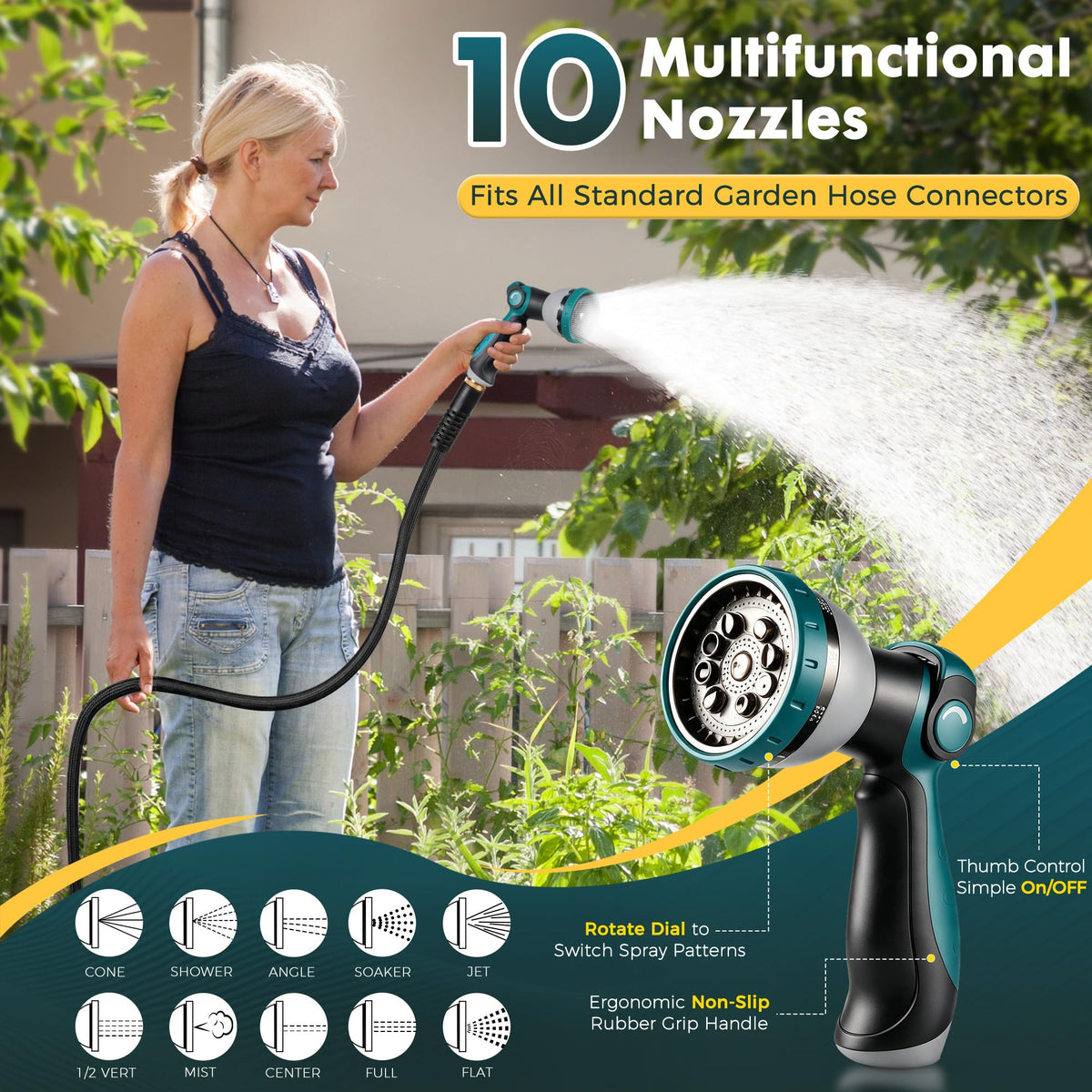 VERDOW Garden Hose 50 ft, Non-Expandable Lightweight Water Hose, 360° Swivel Fittings, 10-Pattern Spray Nozzle Flexible Hose for Yard, Lawn, Ourdoor Ues