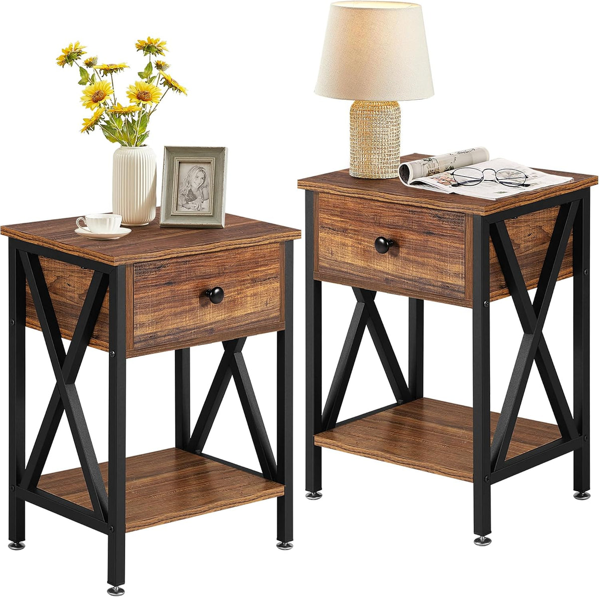 VECELO Nightstands Set of 2, Modern Bedside End Tables, Night Stands with Drawer and Storage Shelf for Living Room Bedroom, Industrial Metal Frame